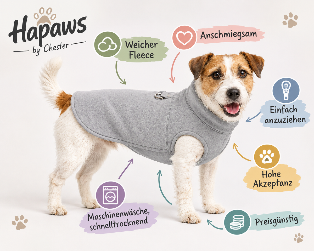 Hapaws by chester. Mittig ein weißer Hund mit Fleece Pullover. Seitlich die Vorteile