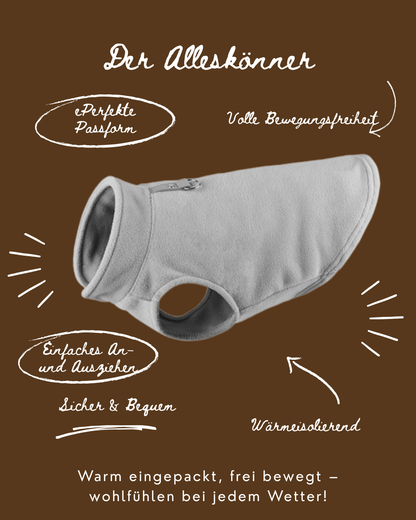 Mittig ein Hundepullover Fleece - der Alles Könner Überschrift. Seitlich Erklärung der Vorteile. 