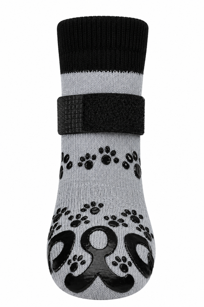 Hundesocken mit Grip und Klettverschluss am Bein, Farbe grau und schwarz