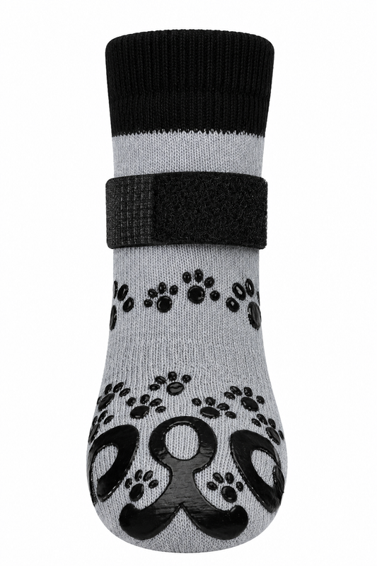 Hundesocken mit Grip und Klettverschluss am Bein, Farbe grau und schwarz