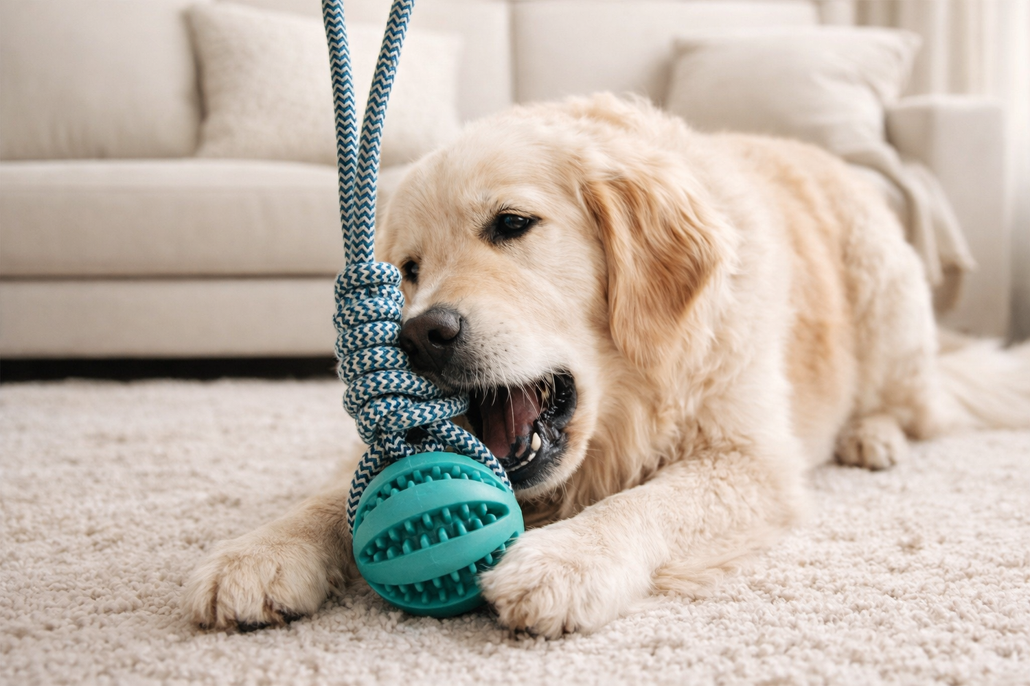 Hund mit Hundespielzeug - Ball füllbar mit Leckerli an Baumwollseil