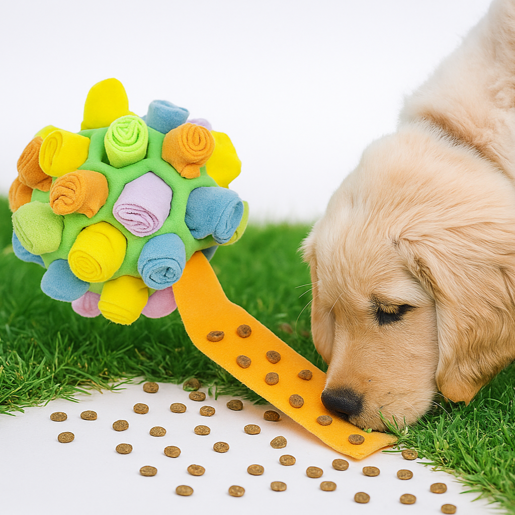 Ball mit Versteckmöglichkeit für Leckerlis Abbildung mit Hund