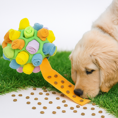 Ball mit Versteckmöglichkeit für Leckerlis Abbildung mit Hund