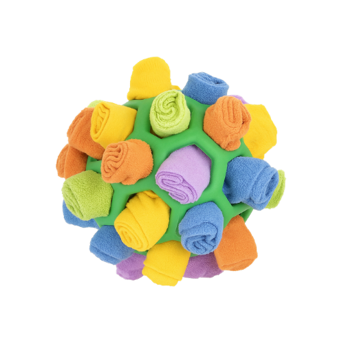 Grüner Ball für Hunde mit Stoffstreifen für Leckerliversteck