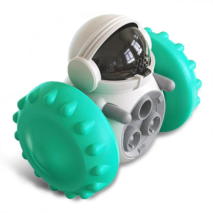 Abbildung Intelligenzspielzeug auf Rädern mit Leckerliausgabe wie Marsmensch mit grünen Rädern