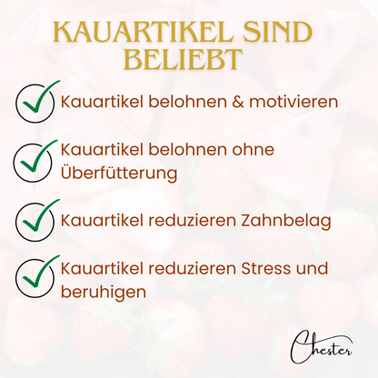 Überschrift: Kauartikel sind beliebt. Mit Haken voran: Kauartikel belohnen und motivieren, ohne Überfütterung, reduzieren Zahnbelag, reduzieren Stress