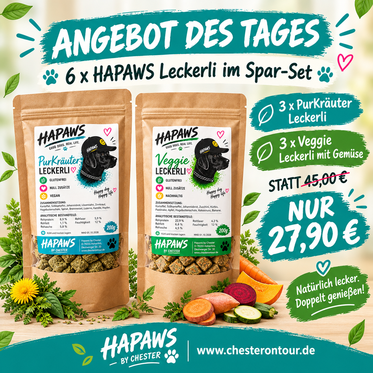 Leckerli für Hunde Tagesangebot: 6x Veggi, 6x Kräuter Leckerli für Hunde statt 45,00 nur 27,90