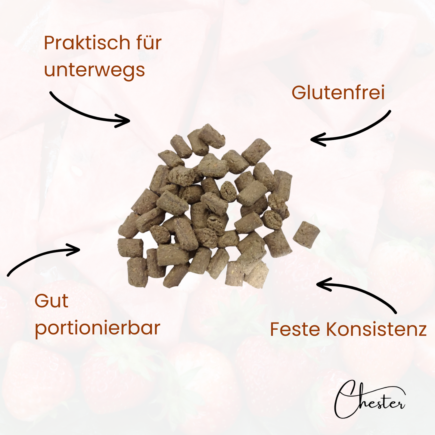 Pfeilbeschreibung: Praktisch für unterwegs, Glutenfrei, gut portionierbar, feste Konsistenz im Mittelpunkt Leckerli