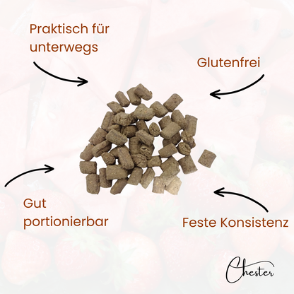 Pfeilbeschreibung: Praktisch für unterwegs, Glutenfrei, gut portionierbar, feste Konsistenz im Mittelpunkt Leckerli