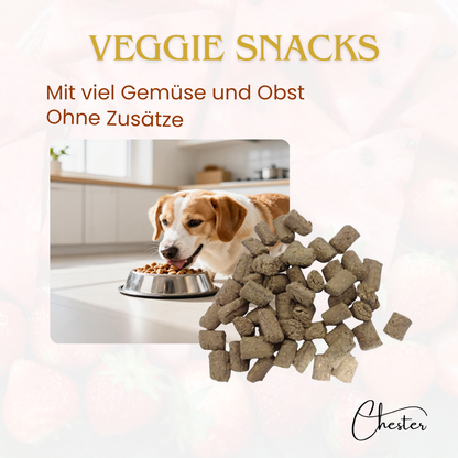 Veggie Snacks Text: mit viel Gemüse und Obst Bild: Hund frisst aus Napf im Vordergrund: Leckerlis