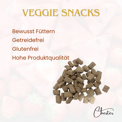Veggie Snacks Text: Bewusst füttern, getreidefrei, Glutenfrei, hohe Produktqualität im Vordergrund: Leckerli