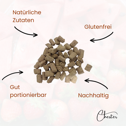 Pfeilbeschreibung: natürliche Zutaten, glutenfrei, gut portionierbar, nachhaltig, Bild mittig: Leckerli