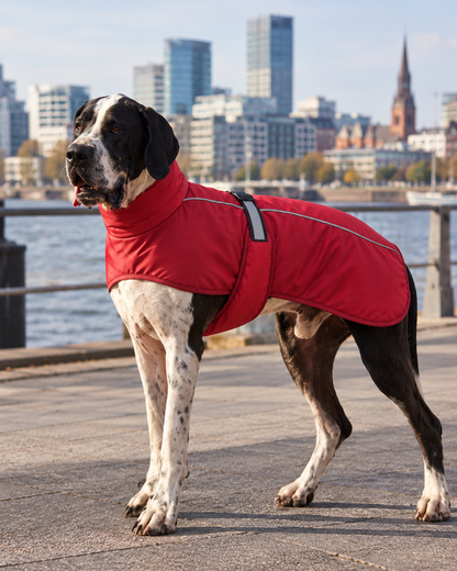 Großer Braun Weißer Hund mit rotem Hundemantel auf Brücke im Hintergrund Wasser 