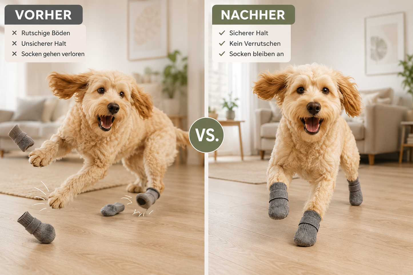 Rutschfeste Socken für deinen Hund - Hapaws Vorher/Nachher
