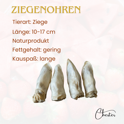 Ziegenohren mit Beschreibung: Tierart: Ziege, Länge 10-17cm, Naturprodukt, Fettgehalt: gering, Kauspaß lange