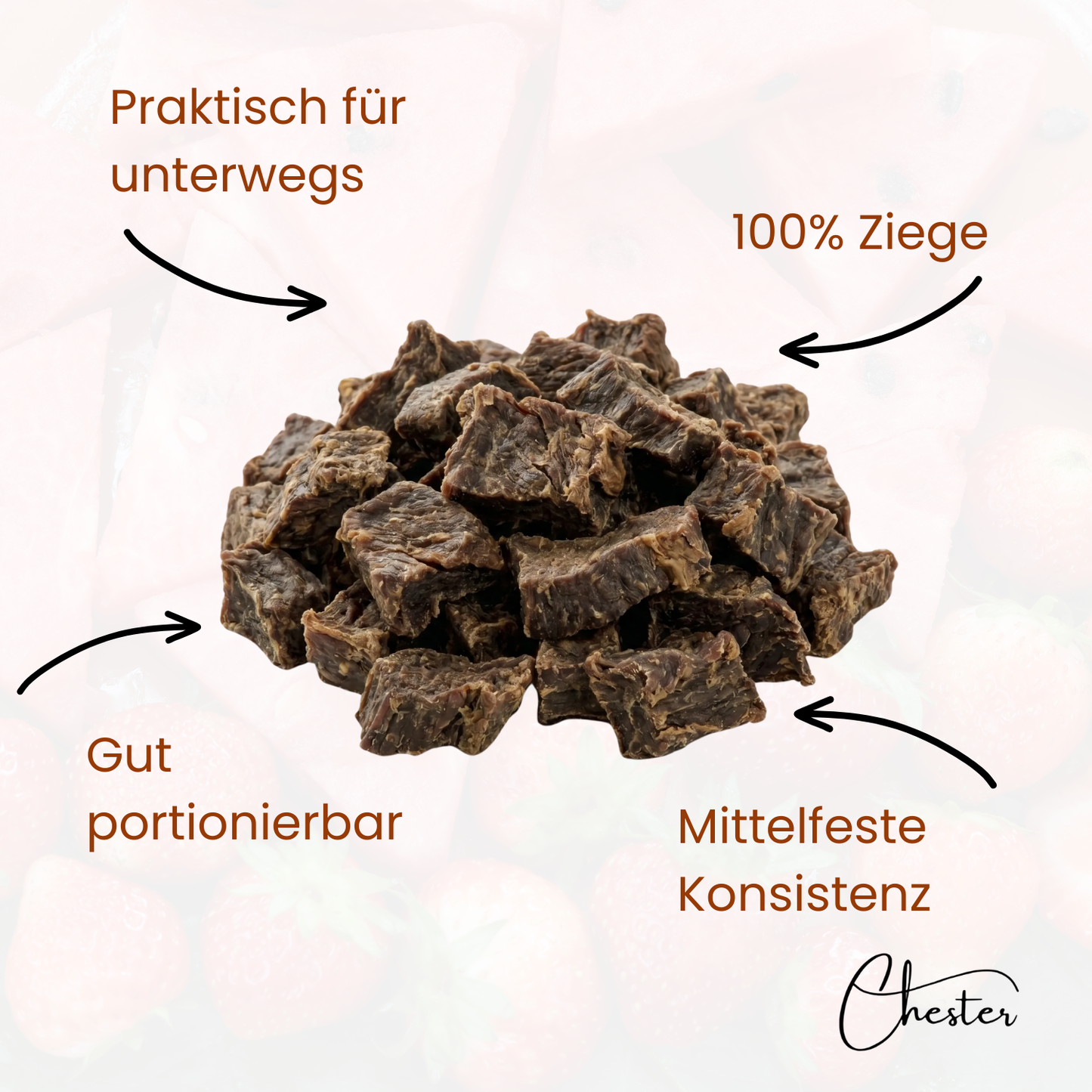 Ziegenwürfel, Pfeilbeschreibung: Praktisch für unterwegs, 100% Ziege, Gut portionierbar, mittelfeste Konsistenz