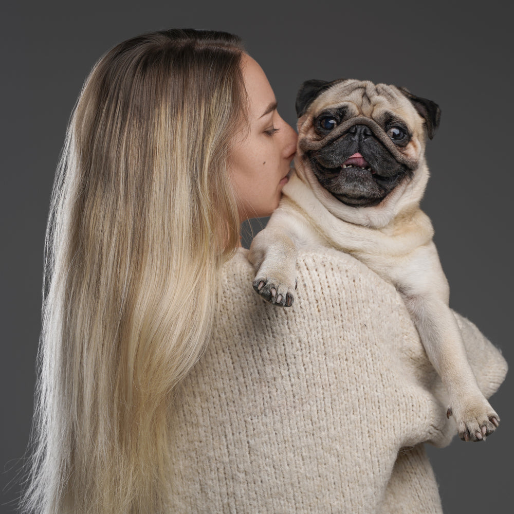 Frau mit Mops der ihr über die Schulter schaut